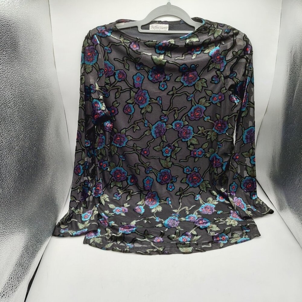 Reflections Womens Shirt Size Med Black Red Blue Velvet Mesh Floral Sheer READ